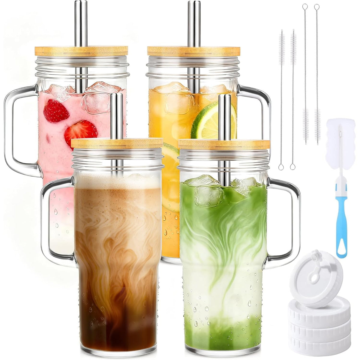 Birity 24oz Glass Tumbler with/Lid & Straw, Handle 2‑Pack Iced Coffee Cups