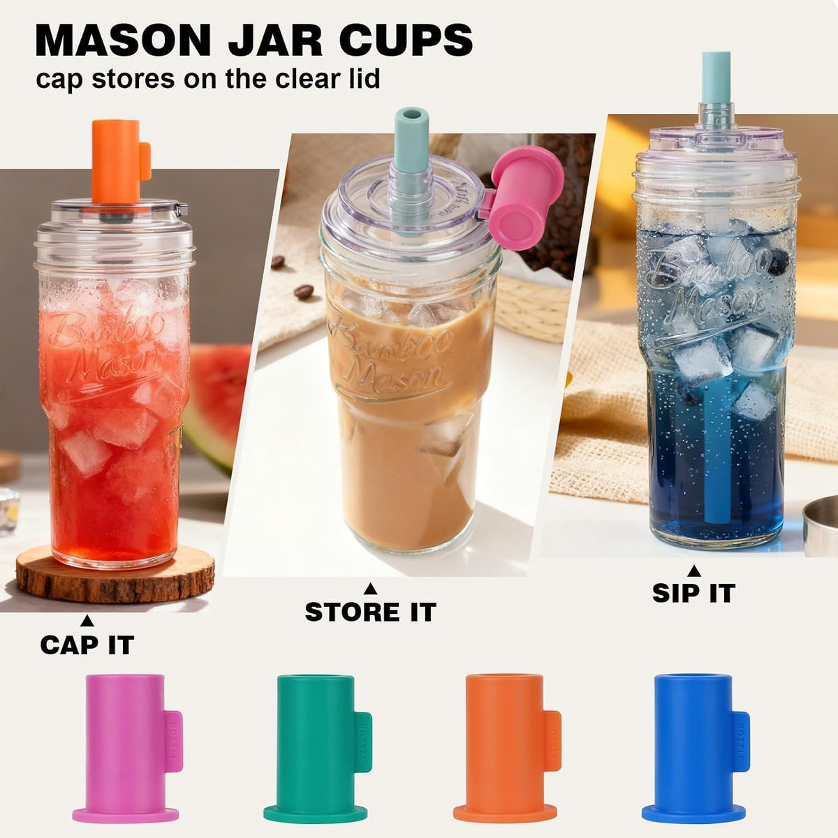ANOTION Glass Cups With Lids And Straws, Leakproof Tumbler 24oz Mason Jar Coffee Cup, Cap Cup Leak-Proof, Silicone Straw, Reusable Iced Coffee Smoothie Matcha Cup Aesthetic Coffee Gifts Women 2pc