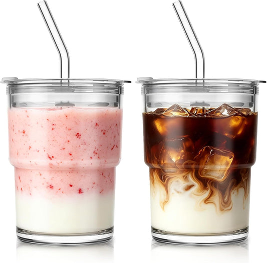 SoulTimes 13oz Clear Glass Tumbler with Lid and Straw – Iced Coffee Glasses Cups for Smoothie, Matcha, Juice, Water etc. Leakproof and Reusable Glassware Drinking for Travel To Go [2Pcs]