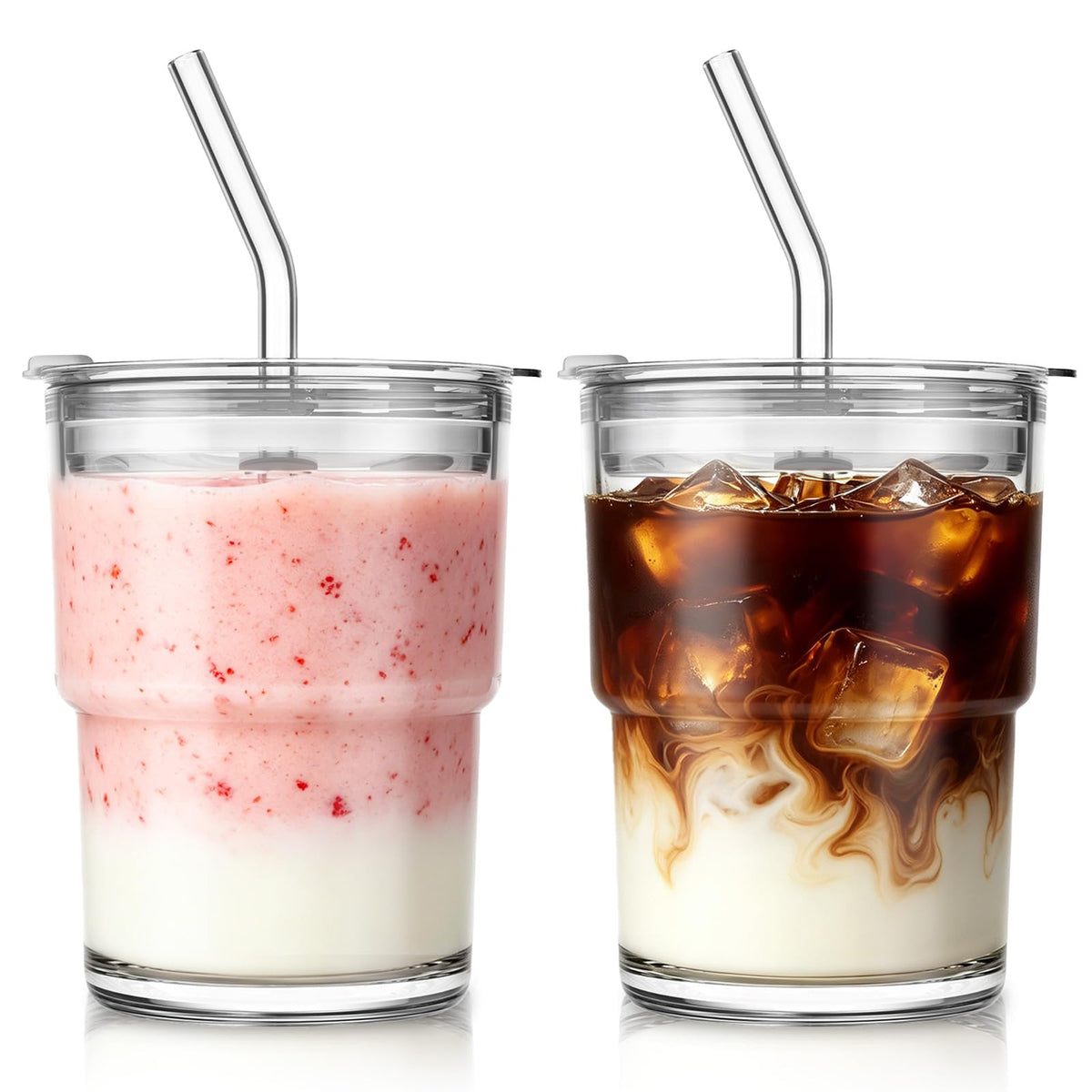 SoulTimes 13oz Clear Glass Tumbler with Lid and Straw – Iced Coffee Glasses Cups for Smoothie, Matcha, Juice, Water etc. Leakproof and Reusable Glassware Drinking for Travel To Go [2Pcs]