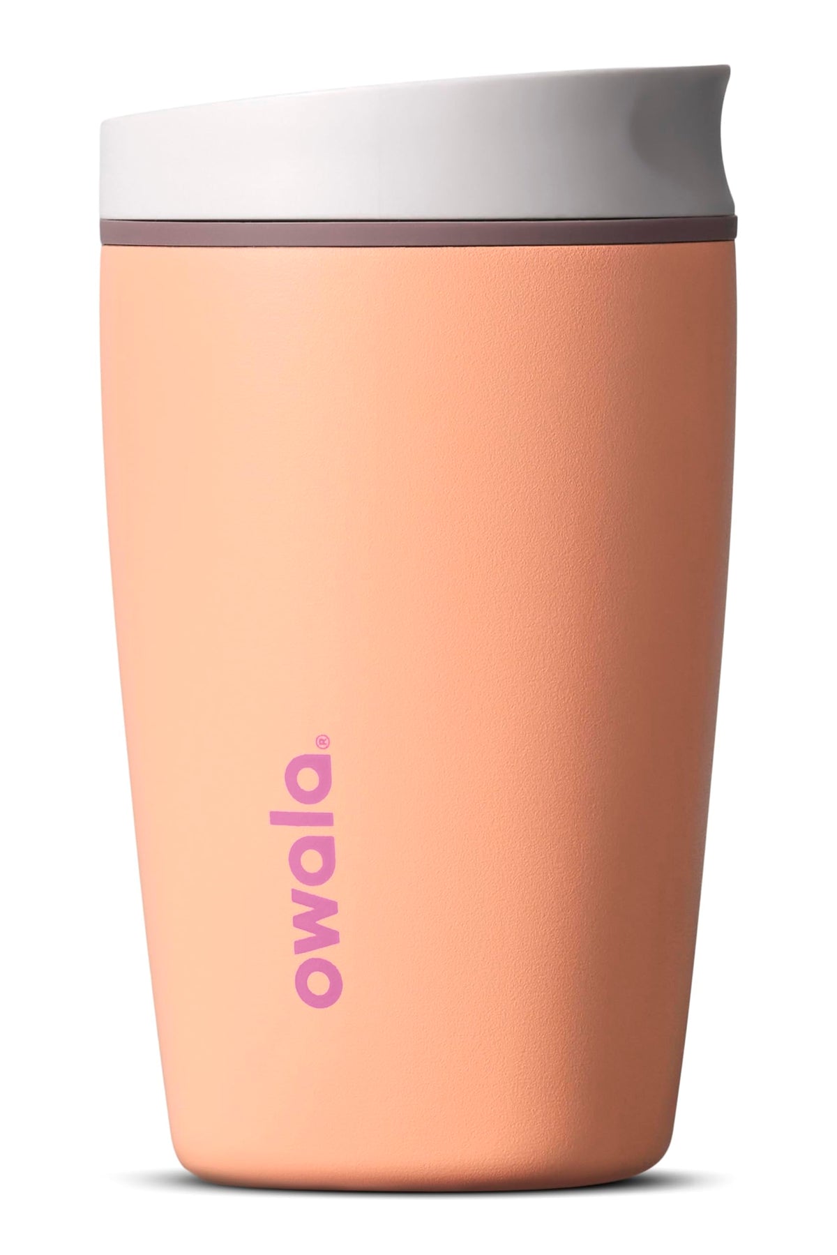 Owala SmoothSip Slider Insulated Stainless Steel Coffee Tumbler, Reusable Iced Coffee Cup, Hot Coffee Travel Mug, BPA Free 12 oz, Pink/Tan (Daybreak)
