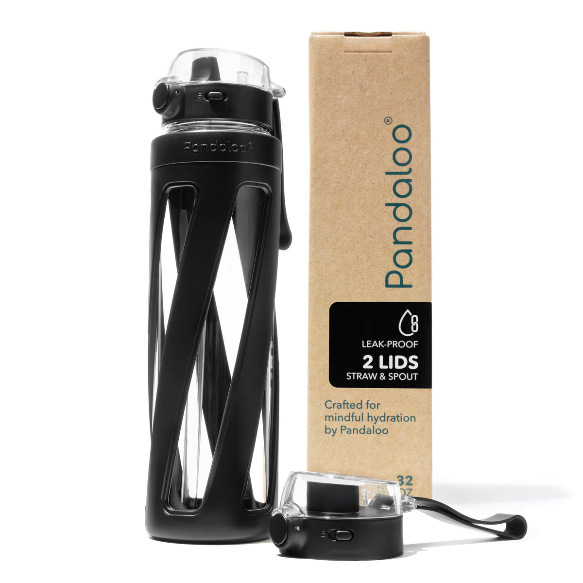 Pandaloo® Orbit 32 oz Glass Water Bottle with 2 Leak-Proof Lids (Straw & Spout), Wide Mouth, Borosilicate Glass, BPA-Free, Cup Holder Friendly for Gym, Work, Travel & Daily Hydration - Sage