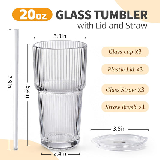 Iced Coffee Cups with Lids,Glass Cups with Lids and Straws,3 Coffee Tumbler