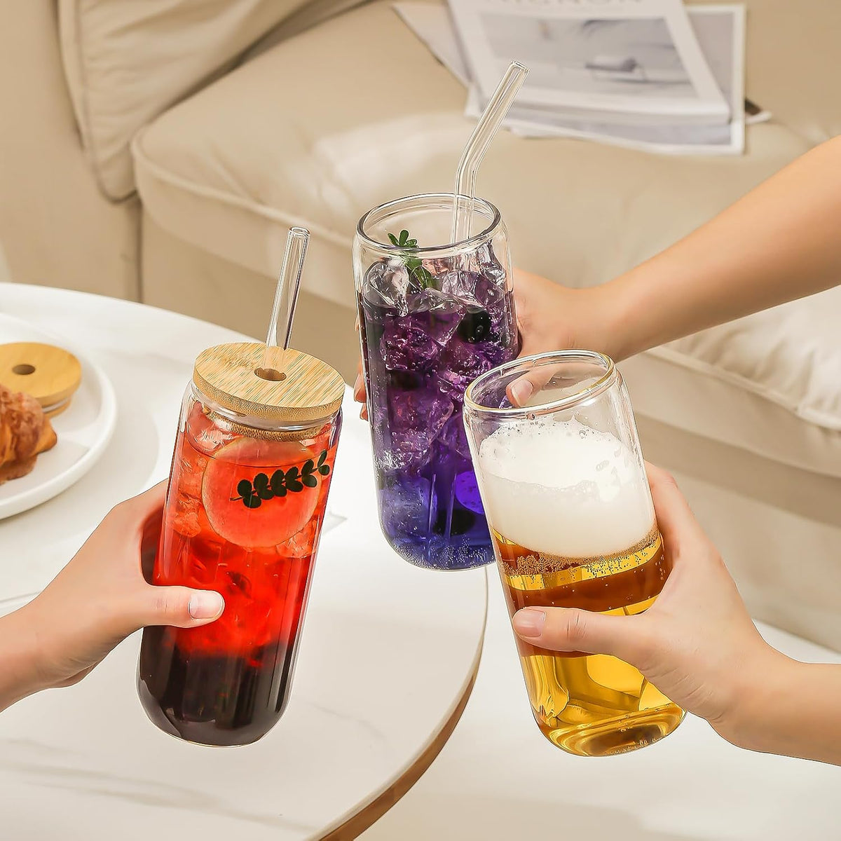 20 Oz Drinking Glasses - 8 Pcs Glass Cups with Bamboo Lids and Straws