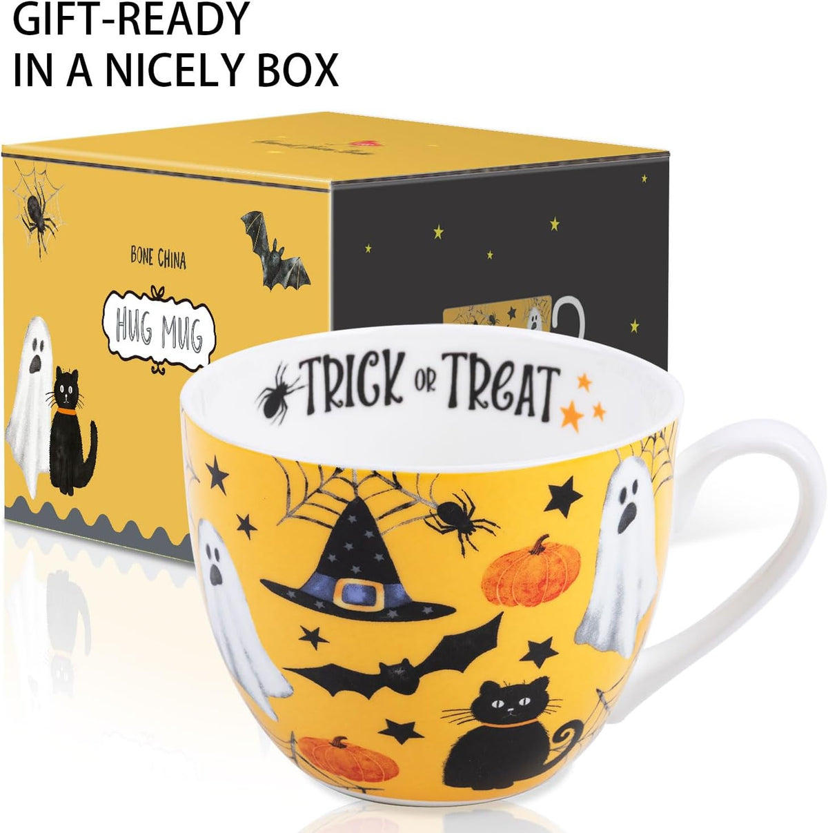 Orange Halloween Mug – 20oz Bone China Coffee Mug with Black Cat, Ghost, Pumpkin & Bat, Perfect Fall Gift for Halloween Lovers, Designed in England by Harvest Green Studio