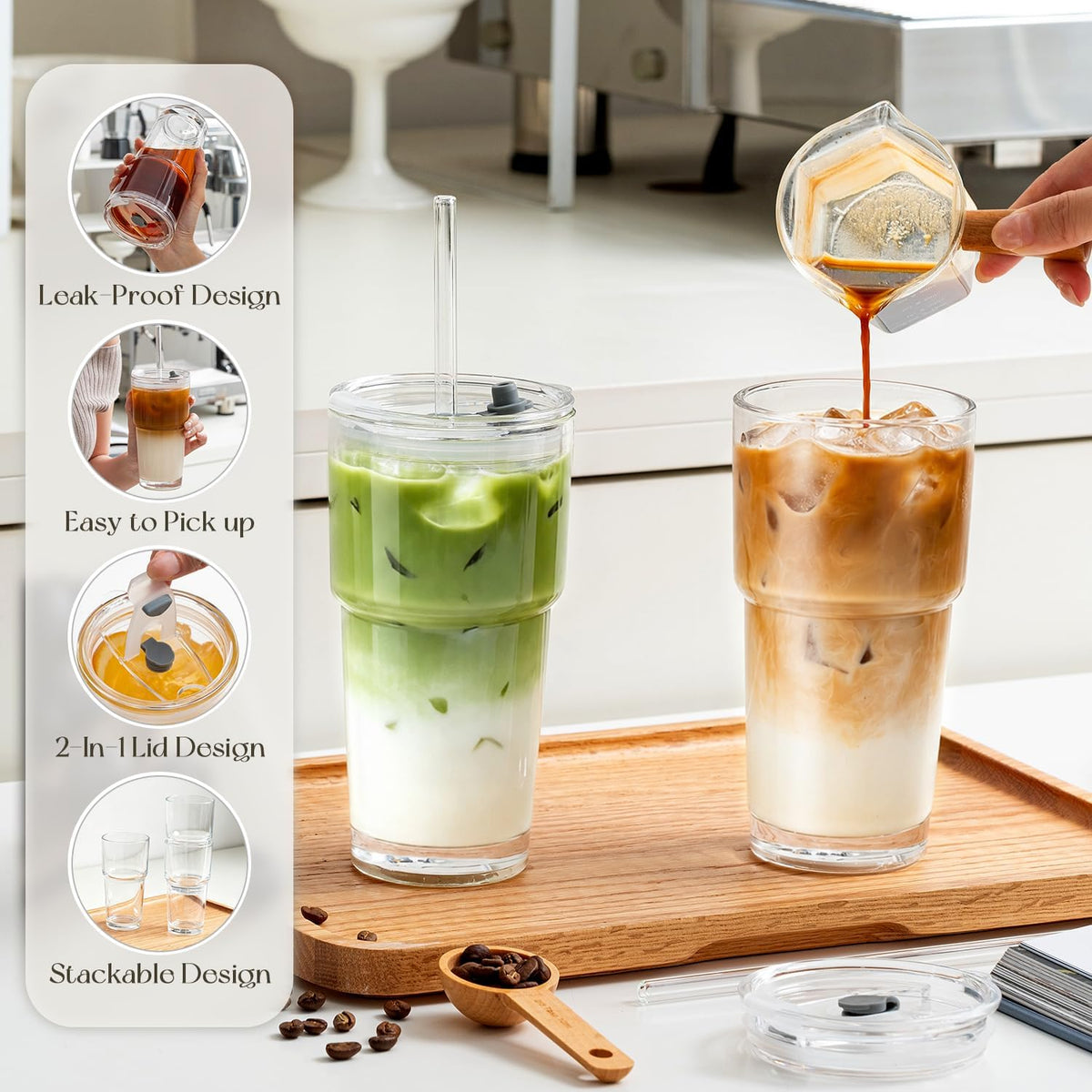 KEMORELA 20oz Crystal‑clear Iced Coffee Cups with Lids, Glass Cups Tumblers