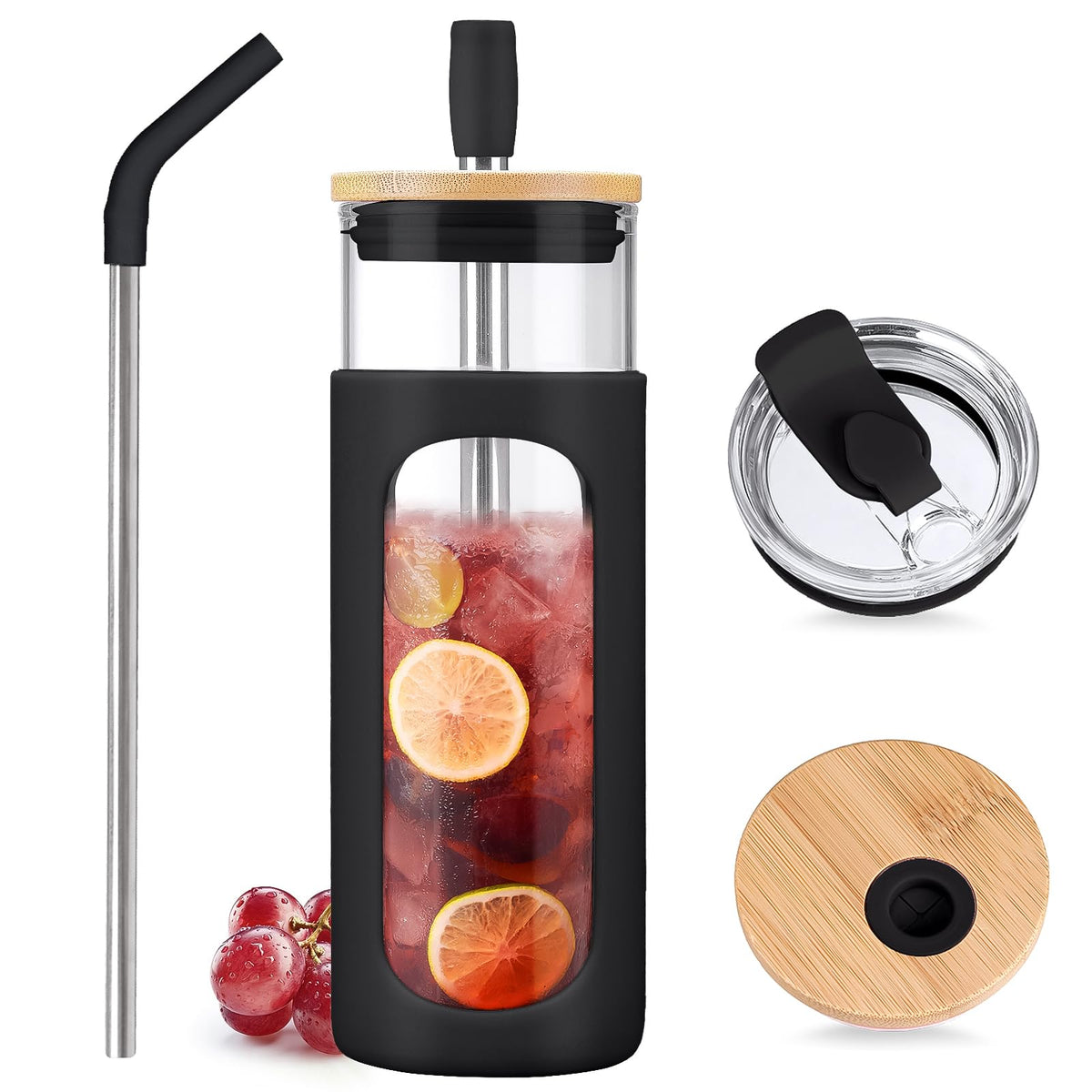Kodrine 20oz Glass Water Tumbler with Straw and Lid, Bamboo Lids Water Bottle, Iced Coffee Cup Reusable, Wide Mouth Smoothie Cups with Protective Silicone Sleeve BPA FREE-Amber
