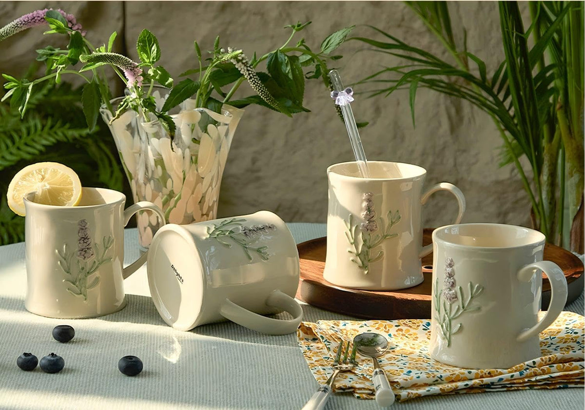 Artisanal Handcrafted Ceramic Mug with Sage Botanical Design - 10oz Off-White Stoneware Coffee Cup, Elegant Purple Sage Pattern, Dishwasher Safe, Comfort Grip Handle for Daily Use