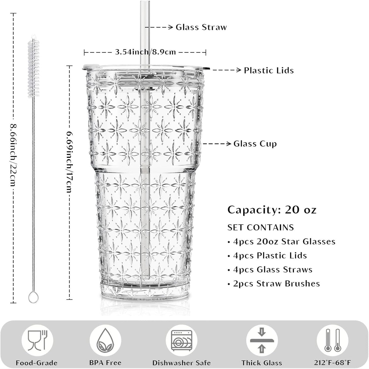 INSETLAN 20 oz Iced Coffee Cups with Lids and Straw, Set of 4 Glass Tumbler
