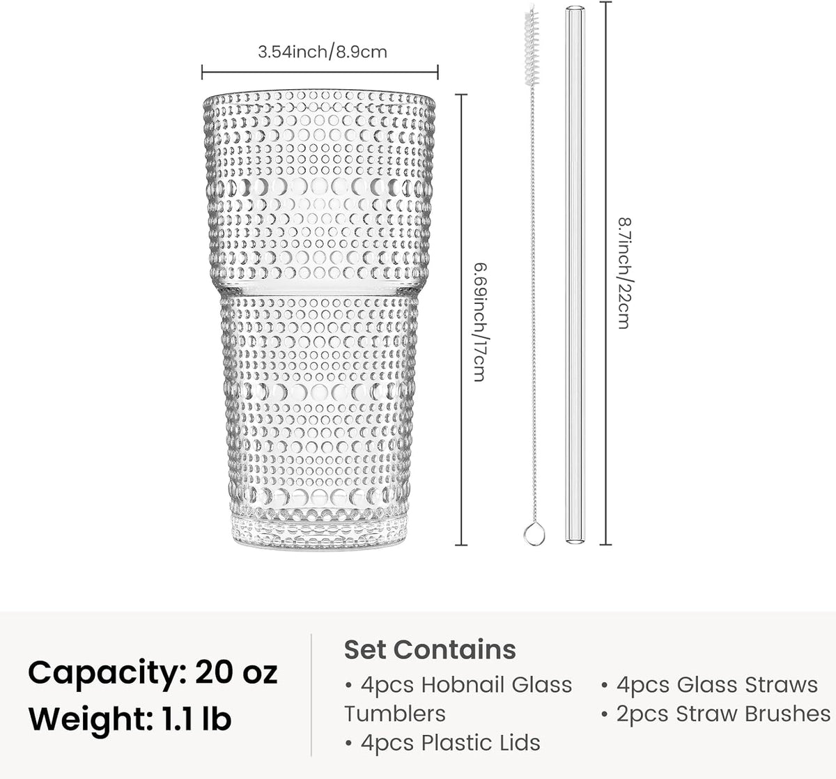 INSETLAN 20 oz Hobnail Glass Cups with Lids and Glass Straws – 4 Pieces, Thick-Walled Glass Tumblers for Iced Coffee, Smoothies, Milk, Water, Juice, and More – Elegant and Durable Drinking Glasses