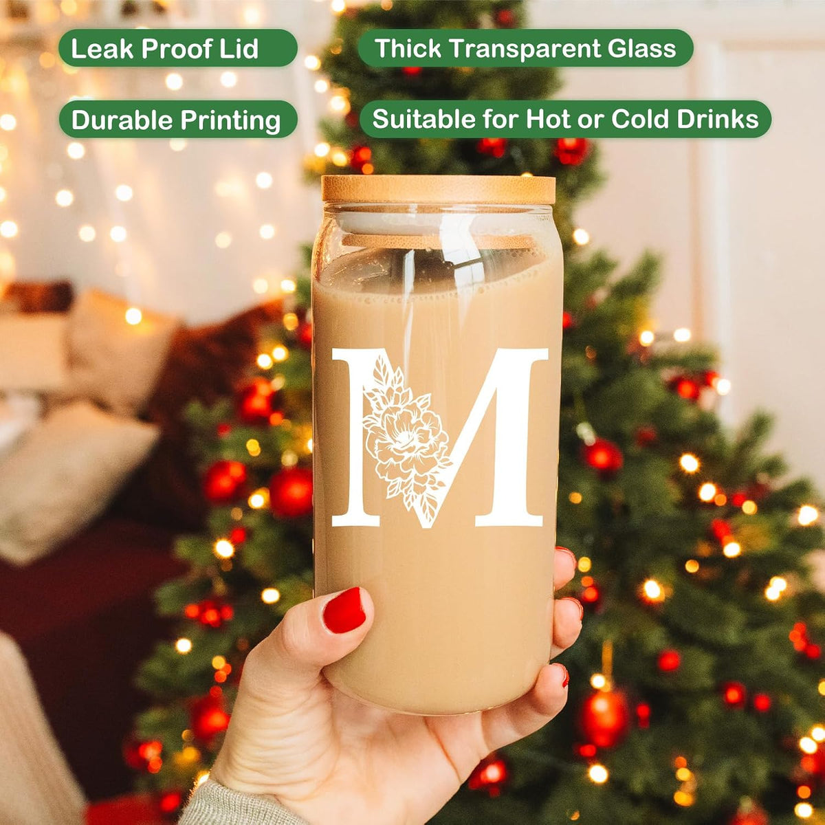 Coolife Initial Glass Cup, Monogrammed Gifts for Women, 16 oz Tumbler w/Lid