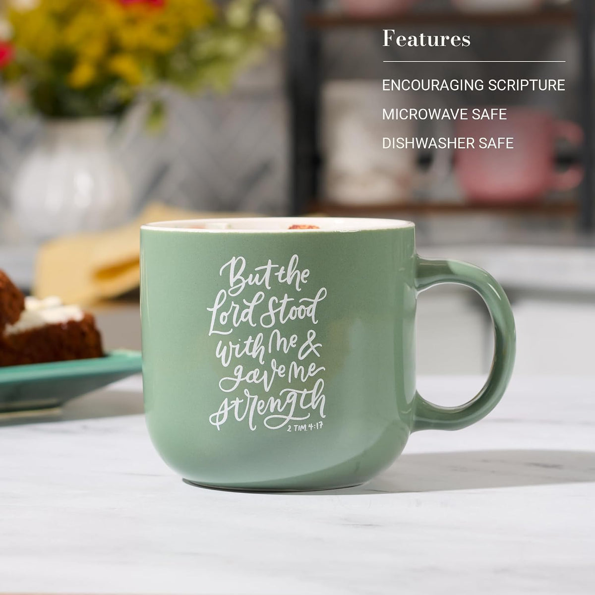 Christian Art Gifts Inspiring Ceramic Coffee Mug for Women: Lord Stood with Me Bible Verse, Microwave & Dishwasher Safe Novelty Cup, Sturdy Handle, Encouraging Gift for Women, Green Floral, 14 oz.