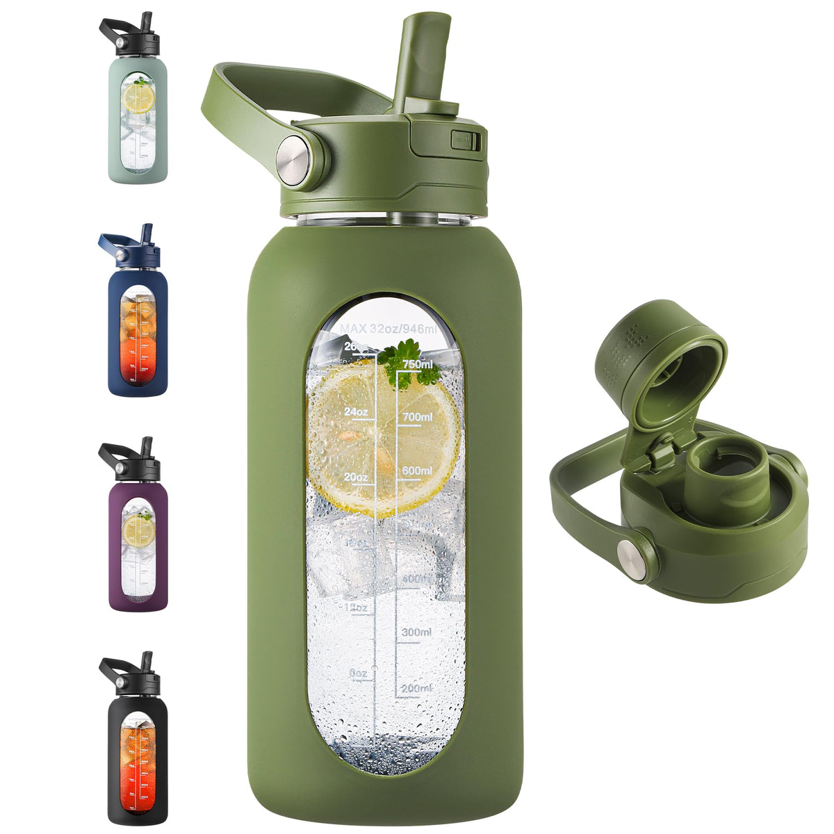 CIVAGO 64 oz Glass Water Bottle Jug with Detachable Straw and Time Maker