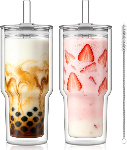 KEMORELA 28 oz Double Wall Glass Tumblers Set of 2, Extra-Wide 13mm Reusable Drinking Straws, Boba Tumbler, Wide-Mouth Water Cups for Iced Coffee, Smoothies, Boba & Tea Lovers (Clear)