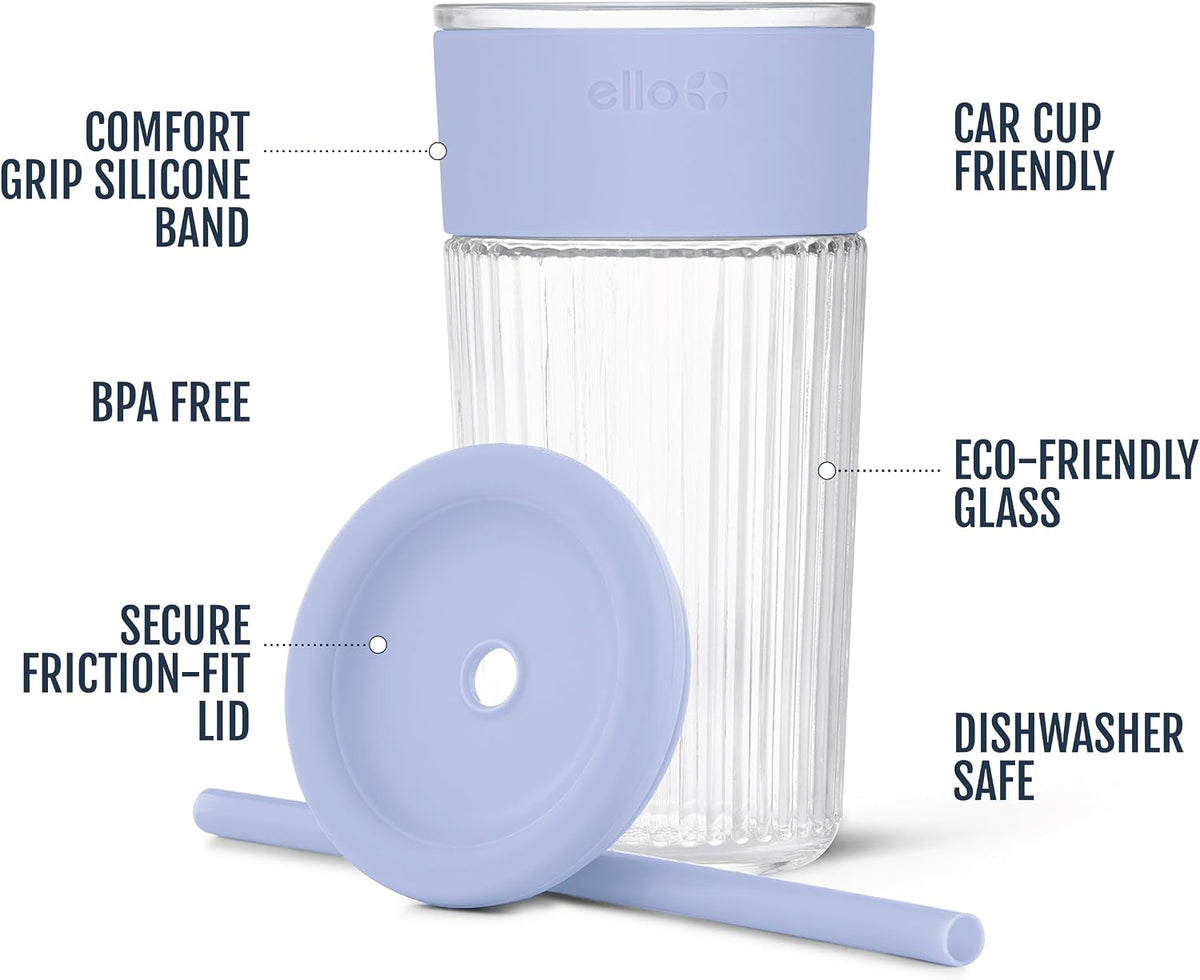 Ello Ava 18oz Glass Tumbler with Straw and Lid for Iced Coffee, Blueberry