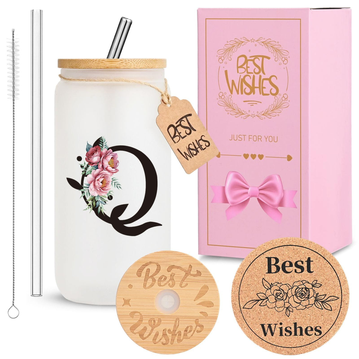 16oz Monogrammed Glass Tumbler, Frosted with Lid and Straw, Initial F