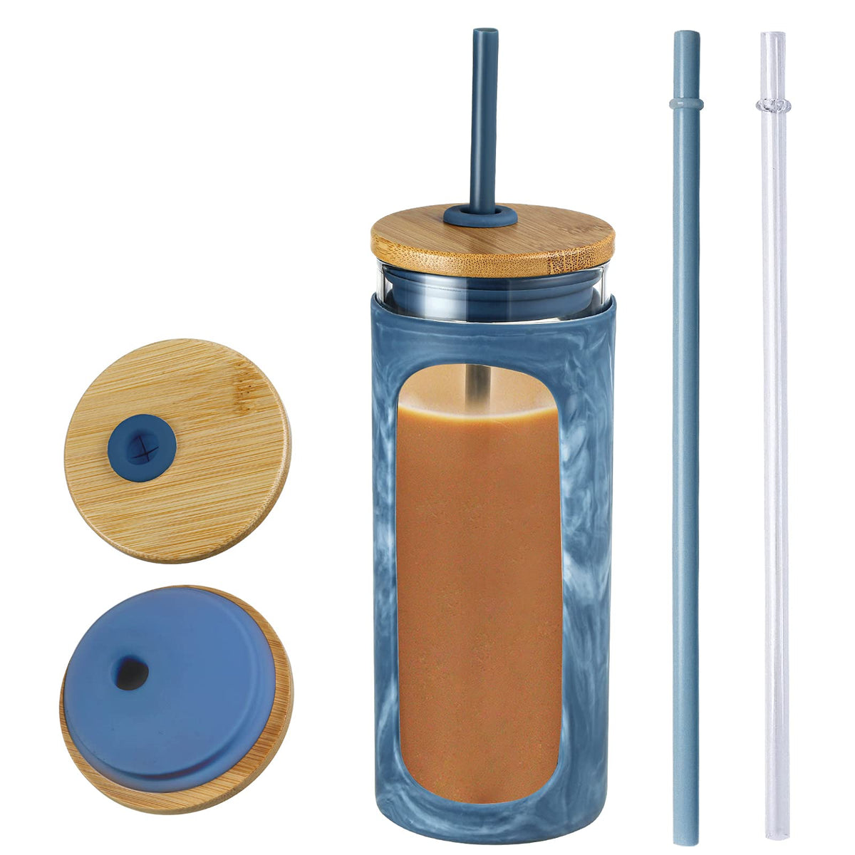 Kodrine 20oz Glass Water Tumbler with Straw and Lid, Bamboo Lids Water Bottle, Iced Coffee Cup Reusable, Wide Mouth Smoothie Cups with Protective Silicone Sleeve BPA FREE-Amber