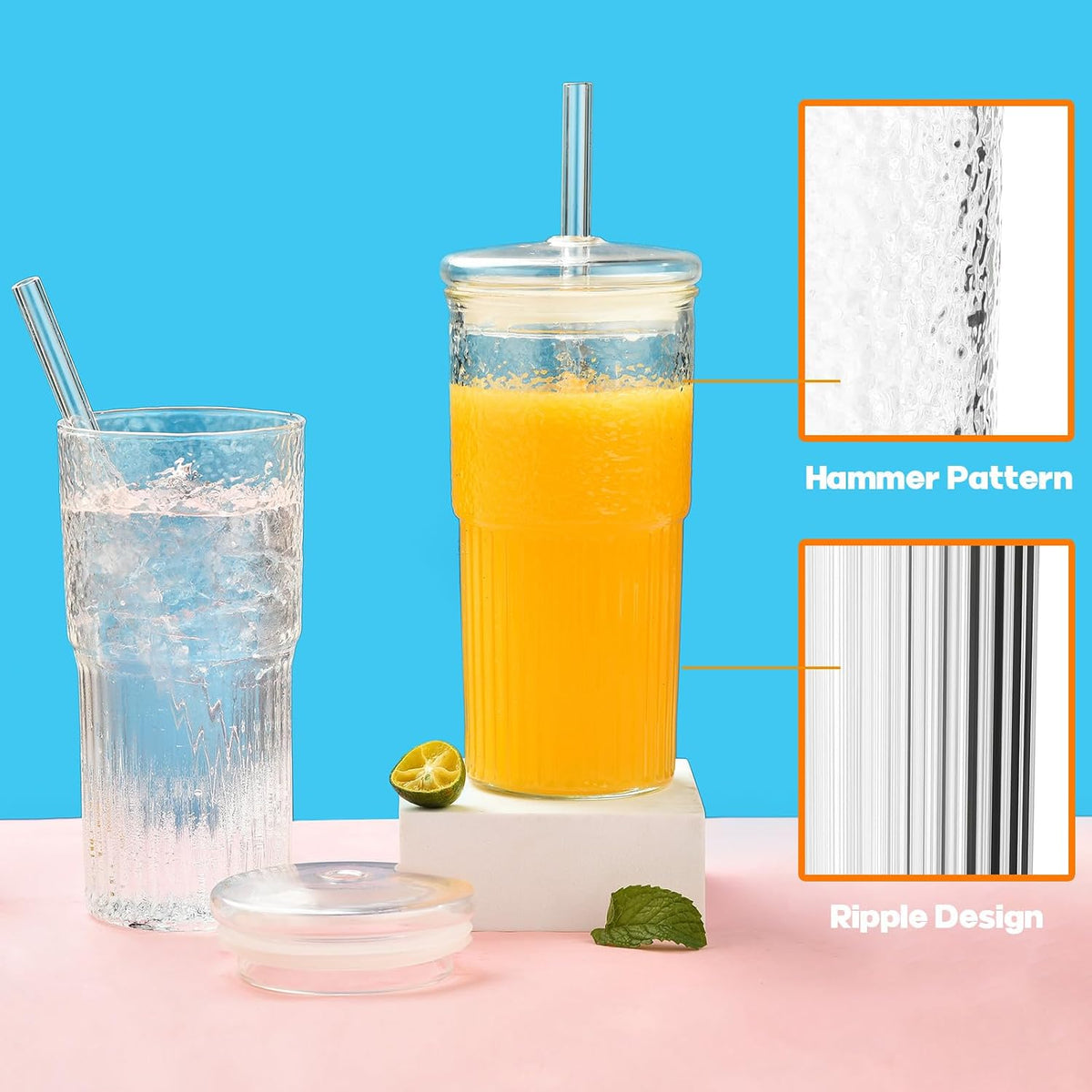 ALINK Glass Cups with Lids and Straws, 22 oz High Borosilicate Clear Iced Coffee Glass Tumblers, Drinking Glass Smoothie Tea Water Cups, Pack of 2 with Cleaning Brush
