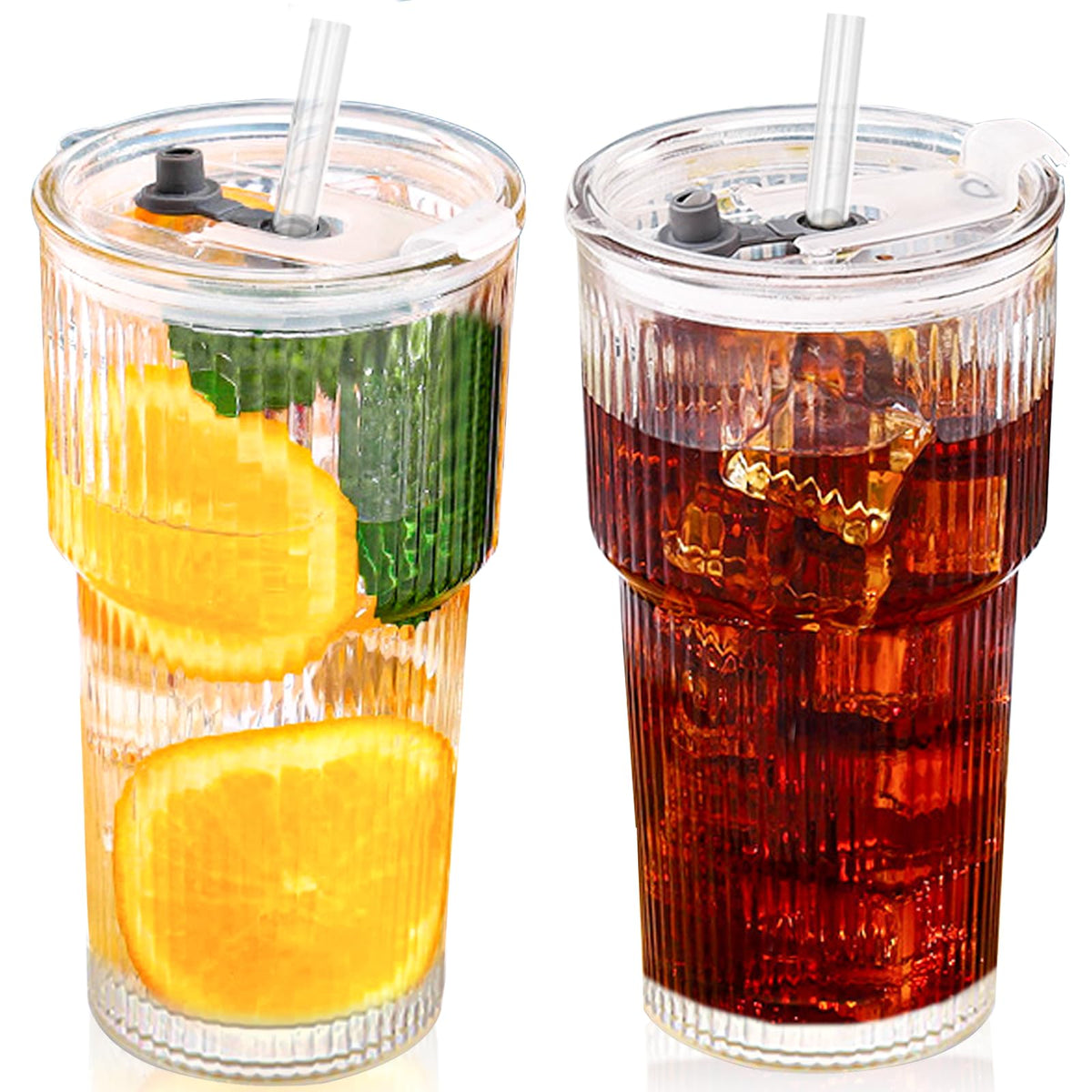 20oz Glass Tumblers with Lid and Straw, Ribbed Glass Iced Coffee Cup with Lid, Wide Mouth Thickened Vintage Glass Cup, Drinking Glasses Tumbler for Smoothieds, Cocktails, and Juices