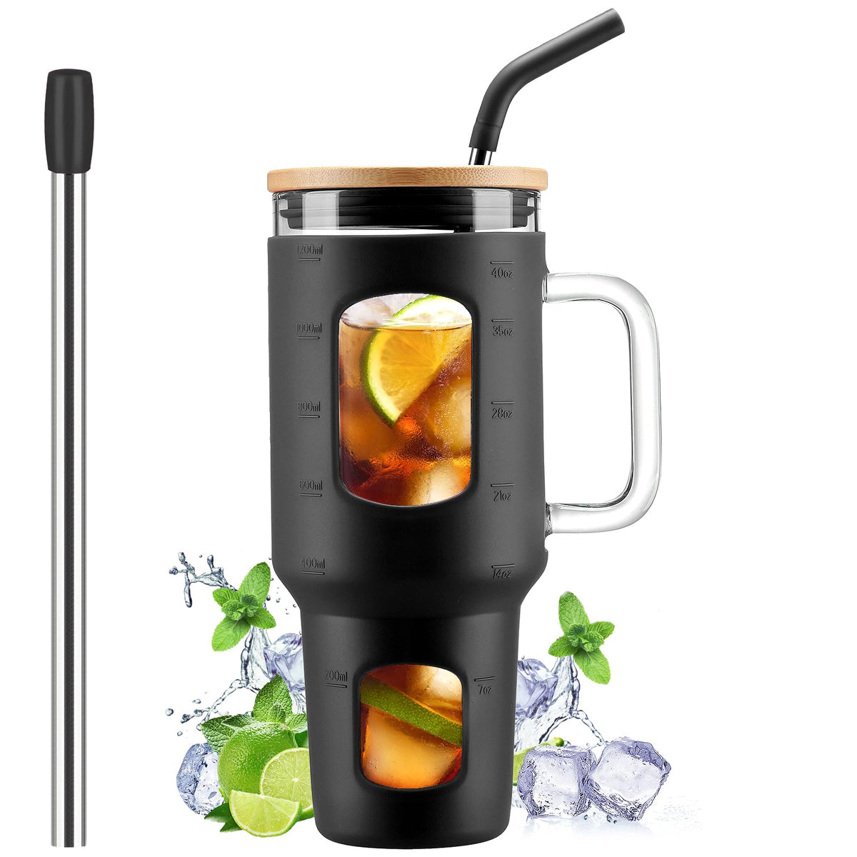 WINSA Glass Tumbler with Straw and Lid, 40 oz, Olive