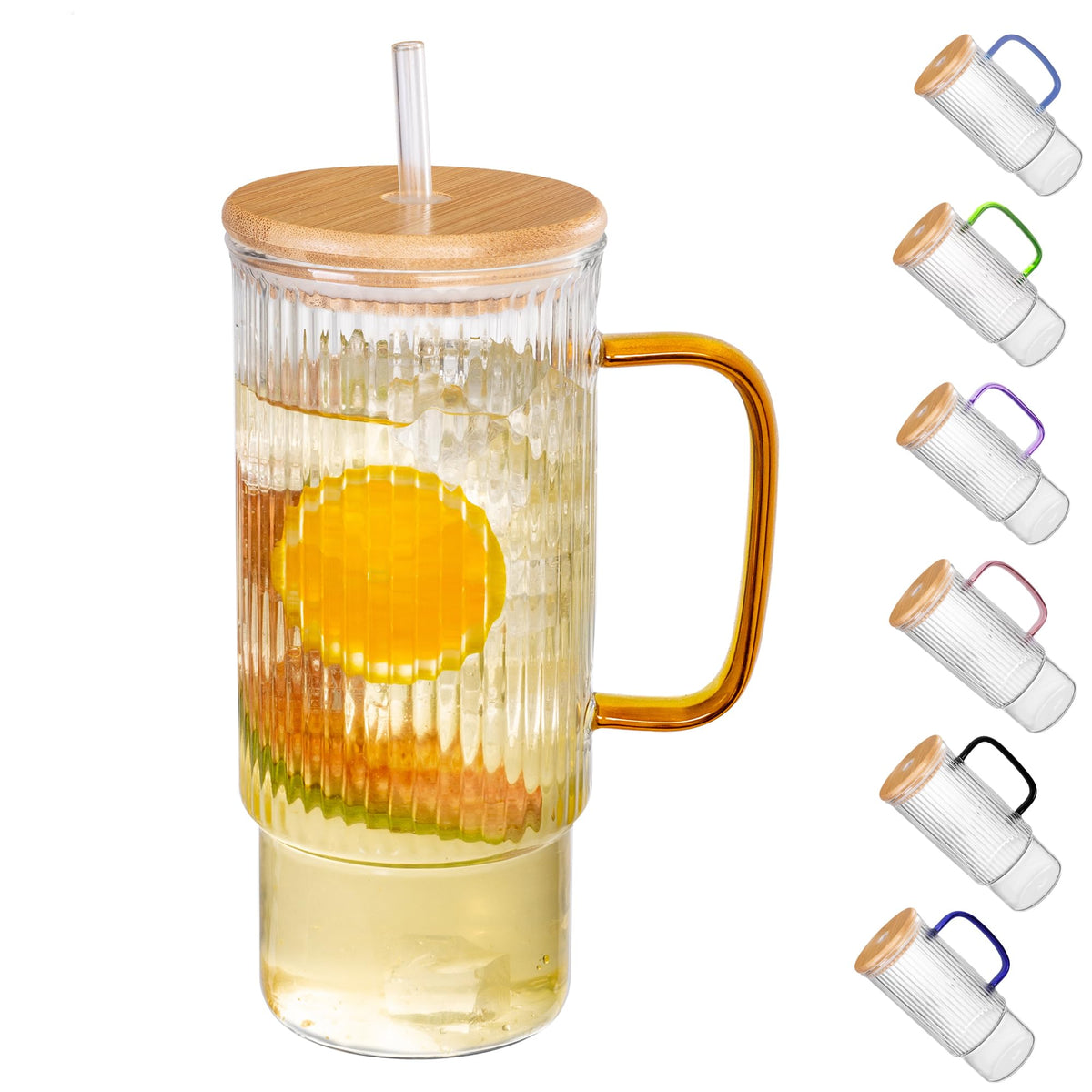 32oz Ribbed Glass Cup with Handle Bamboo Lid and Straw, Glass Tumbler, Iced Coffee Cups Hot/Cold Drinks