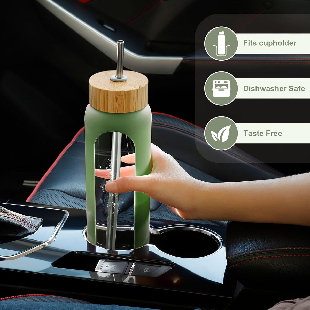 FULBEVY 32 oz Glass Water Bottles - 1 Liter Motivational Tumbler Water Bottle Time Marker - Borosilicate Glass Water Bottle With Silicone Sleeve and 2 Lids, Handle Spout & Bamboo Straw Lid (Olive)