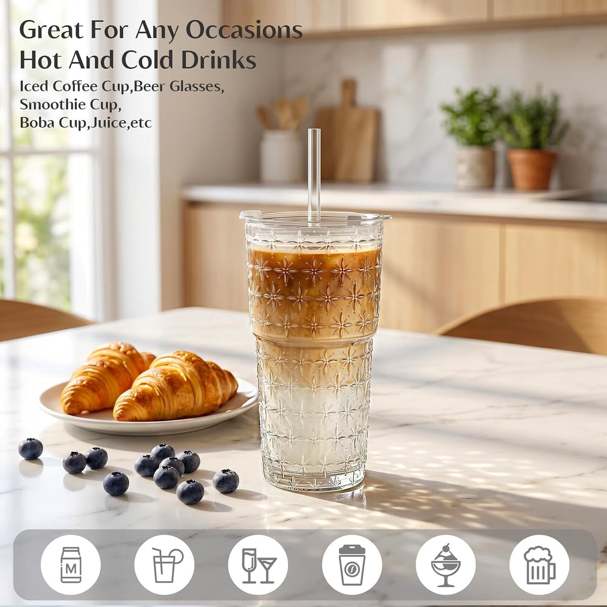 INSETLAN 20 oz Iced Coffee Cups with Lids and Straw, Set of 4 Glass Tumbler