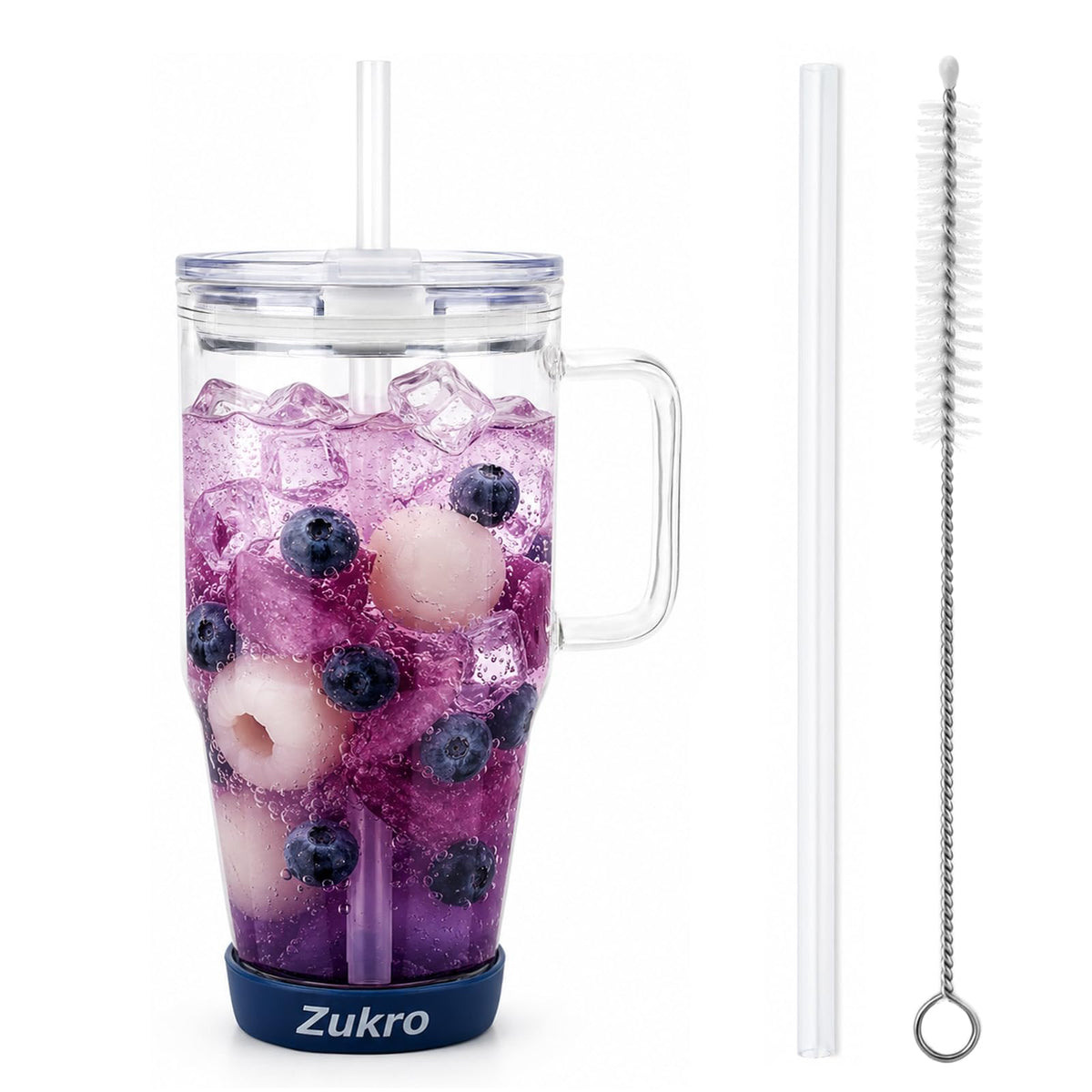 Zukro 32 oz Glass Water Tumbler with Handle & Straw, 2-in-1 Leak Proof Lid