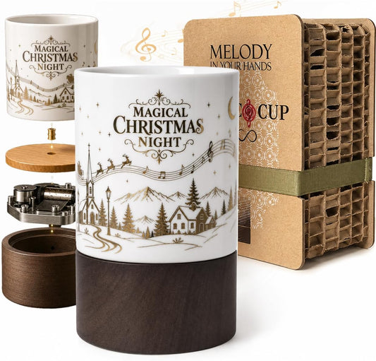Wind-Up Music Box Mug, Christmas Design, 12 oz Ceramic Coffee Cup with Solid Wood Base, Holiday Gift for Music Lovers, Women and Friends