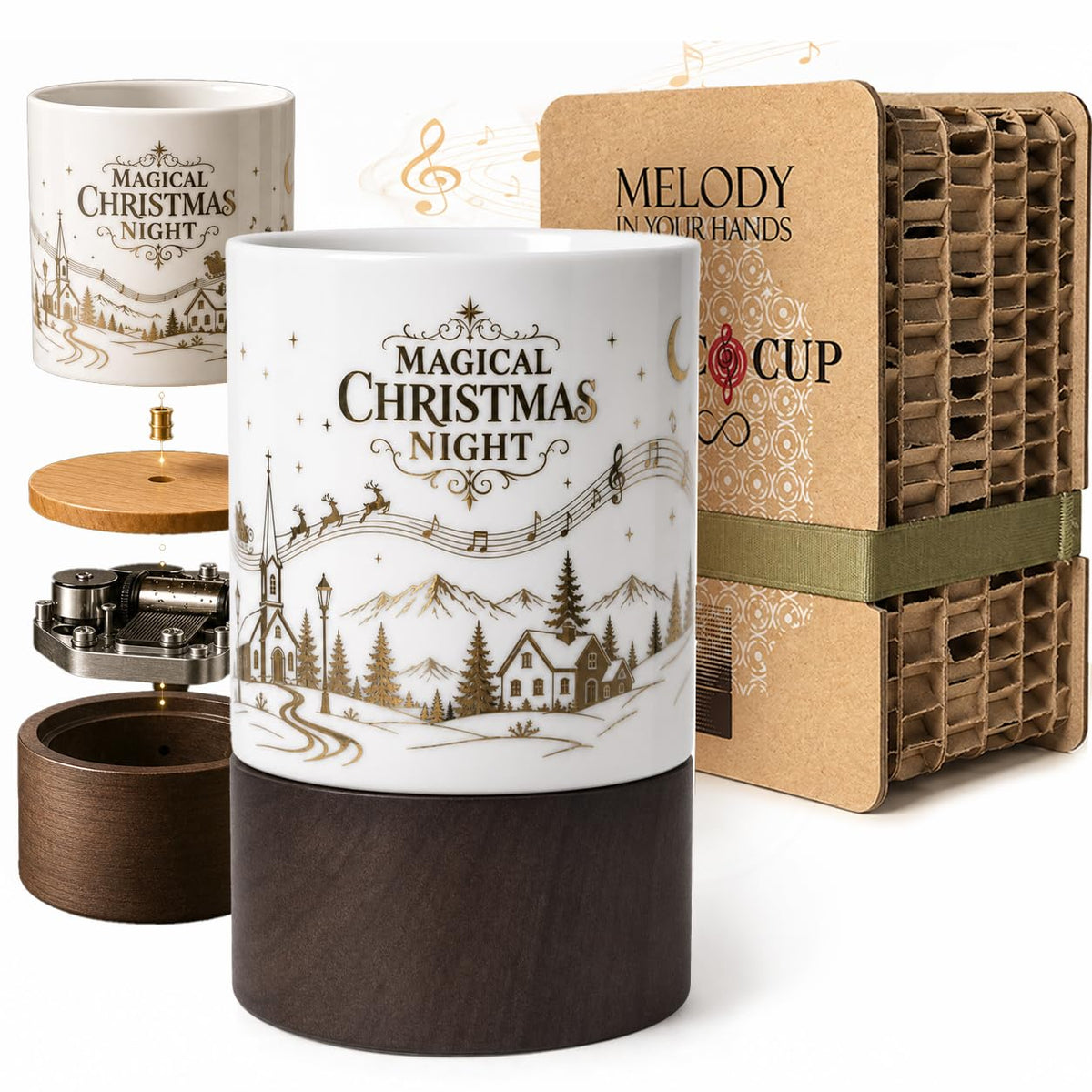 Wind-Up Music Box Mug, Christmas Design, 12 oz Ceramic Coffee Cup with Solid Wood Base, Holiday Gift for Music Lovers, Women and Friends