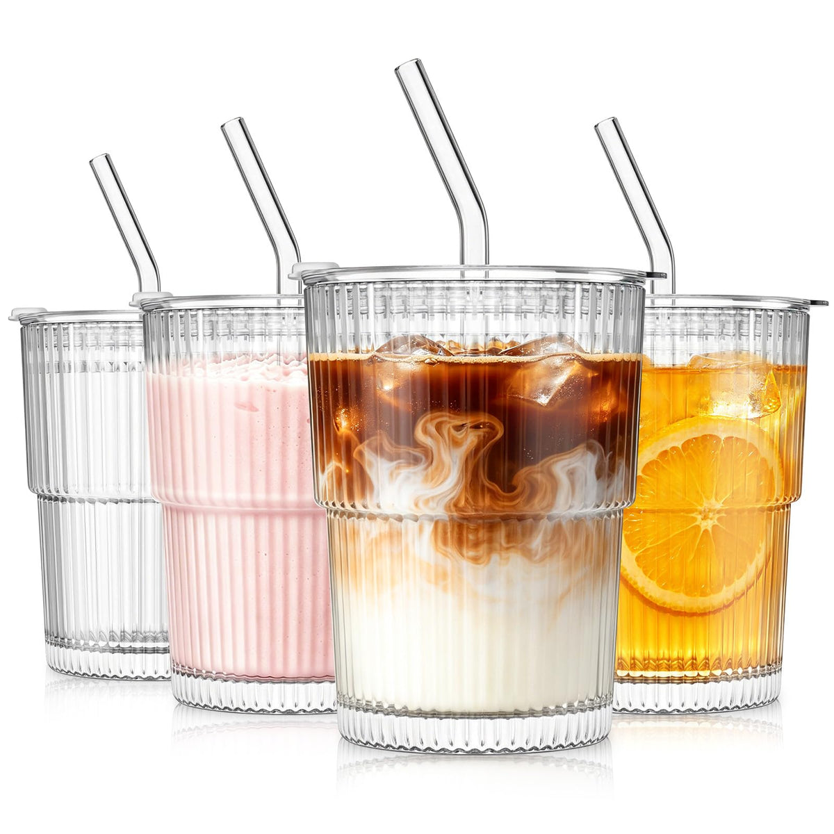 SoulTimes 13oz Clear Glass Tumbler with Lid and Straw – Iced Coffee Glasses Cups for Smoothie, Matcha, Juice, Water etc. Leakproof and Reusable Glassware Drinking for Travel To Go [2Pcs]