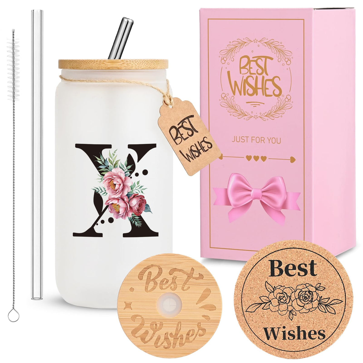 16oz Monogrammed Glass Tumbler, Frosted with Lid and Straw, Initial F