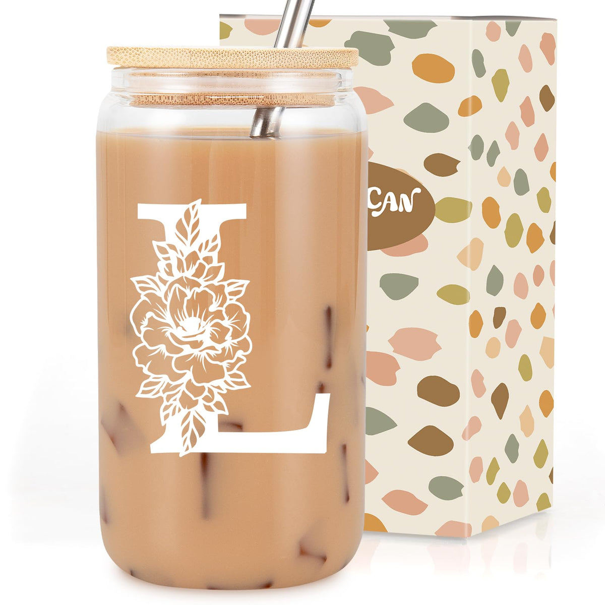 Coolife Initial Glass Cup, Monogrammed Gifts for Women, 16 oz Tumbler w/Lid