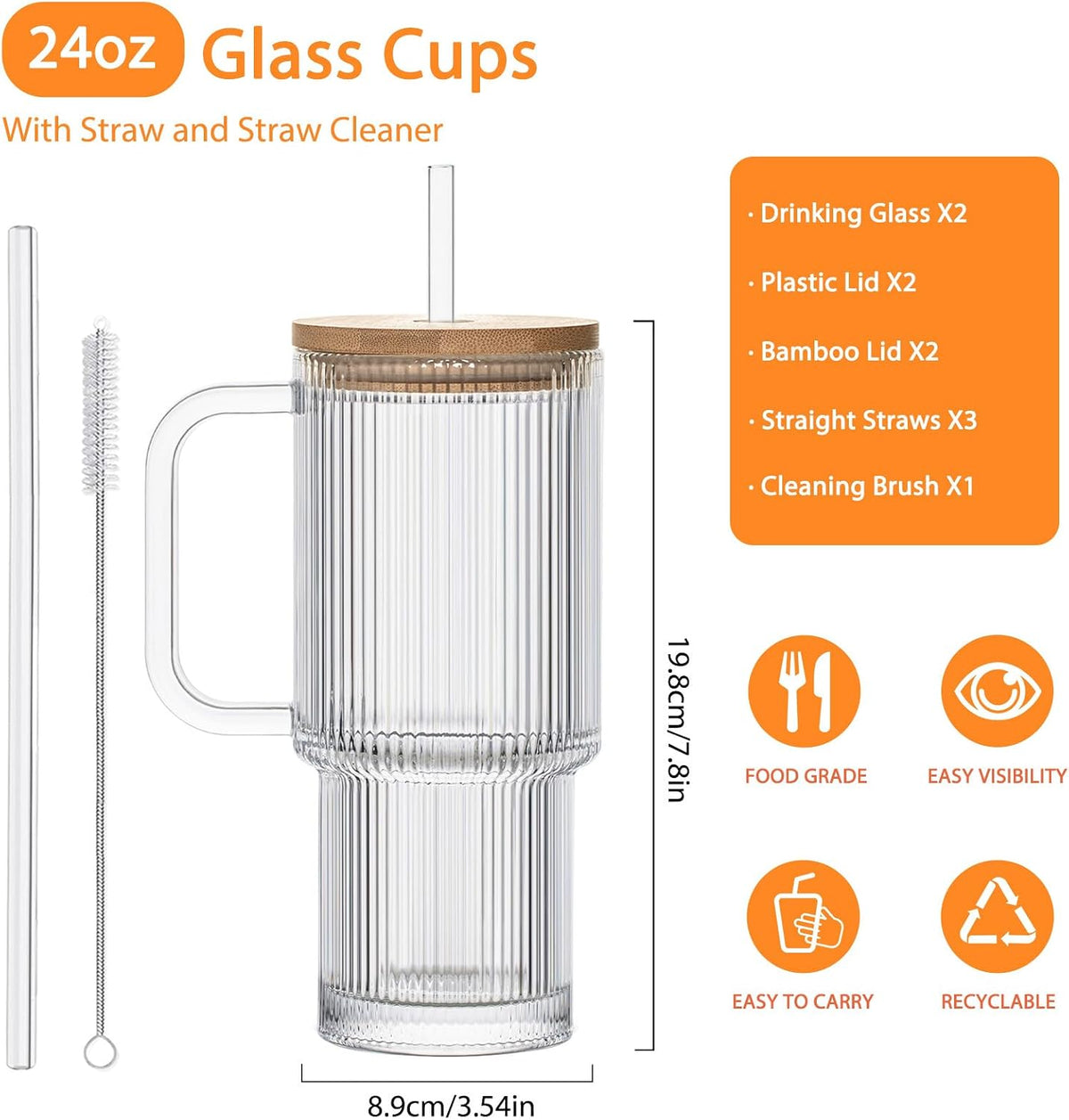 SoulTimes 24oz Ribbed Glass Tumbler with Handle and Bamboo Lid, Set of 2 Glass Cups with Lids and Straws for Coffee, Tea, Juice and Smoothies, Reusable Iced Coffee Cups Includes 2 Sealed Plastic Lids