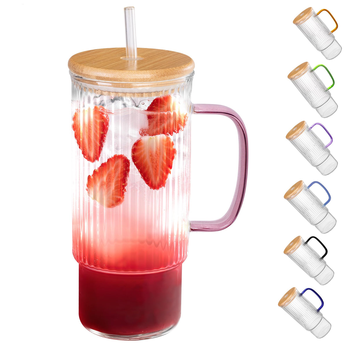 32oz Ribbed Glass Cup with Handle Bamboo Lid and Straw, Glass Tumbler, Iced Coffee Cups Hot/Cold Drinks