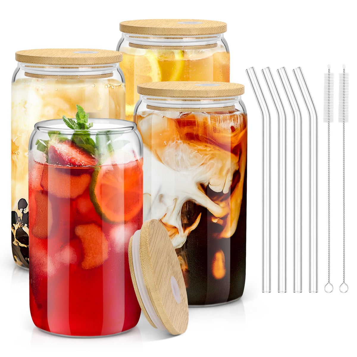 Glass Cups with Lids and Straws - 16 oz Glass Drinking Cups Set for Coffee