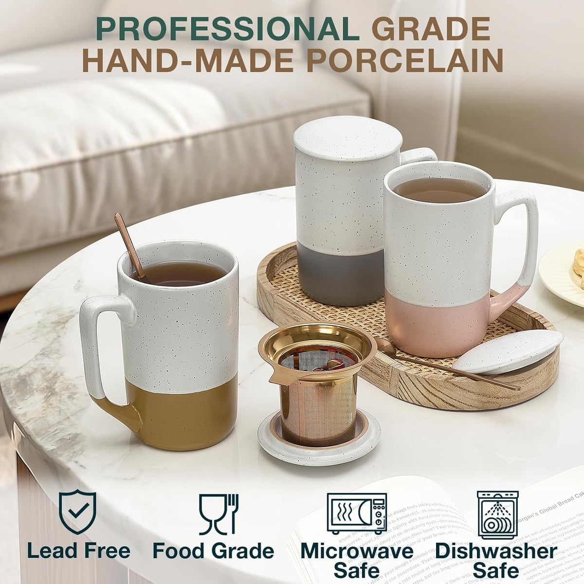 Gencywe Ceramics Large Tea Cup with Loose Leaf Infuser, Spoon and Lid, 16 oz Tall Coffee Mug, Microwave and Dishwasher Safe, Rustic Matte Ceramic Glaze, Tea Strainer, Amber
