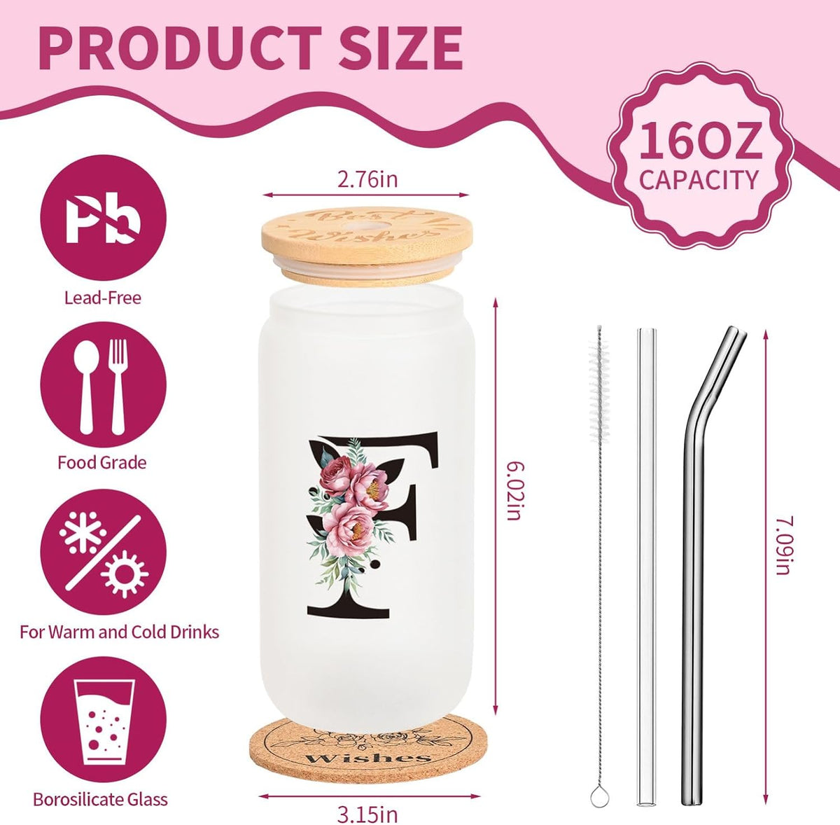 16oz Monogrammed Glass Tumbler, Frosted with Lid and Straw, Initial F