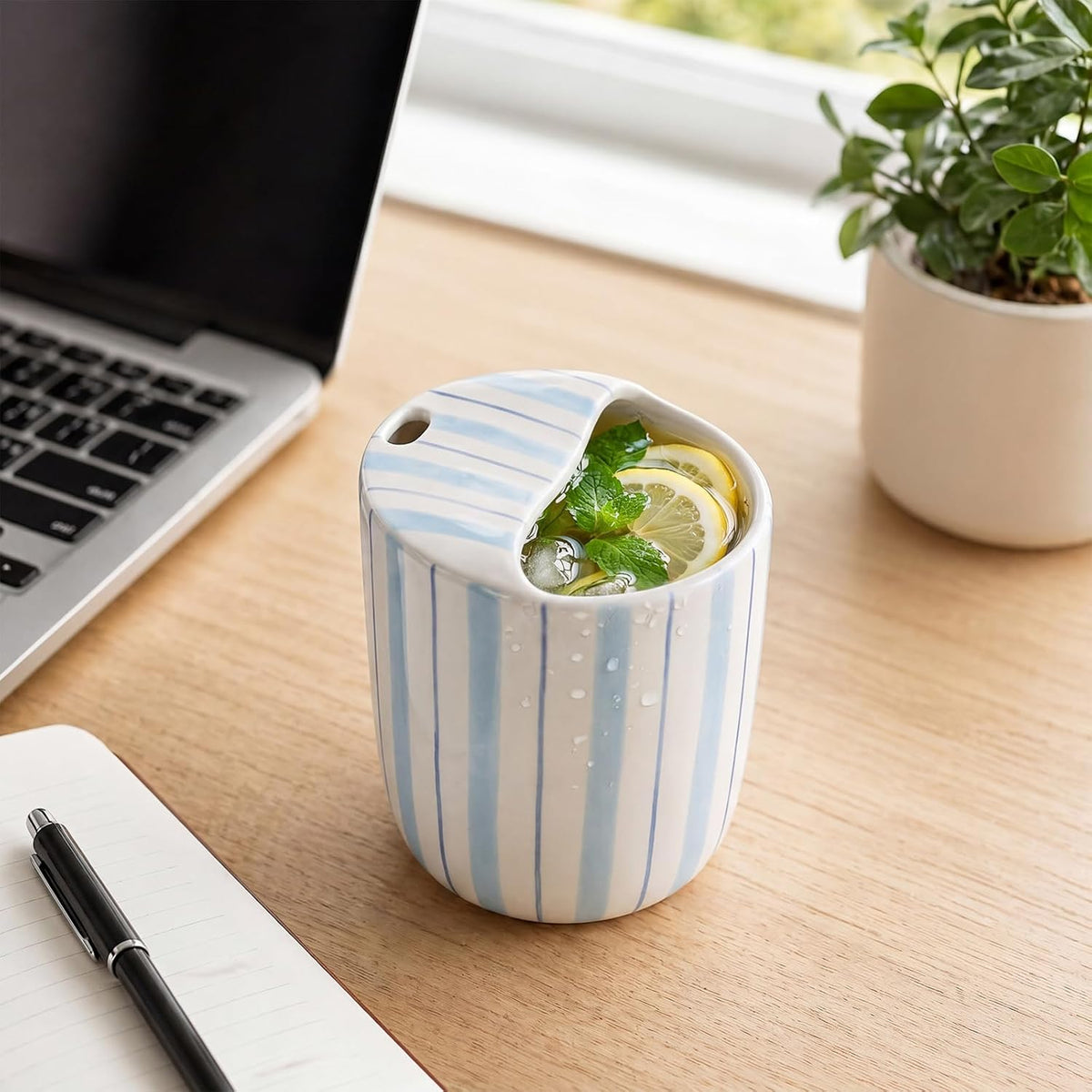 1 Pcs Ceramic Mug with Sip Hole 10 oz Light Blue Striped