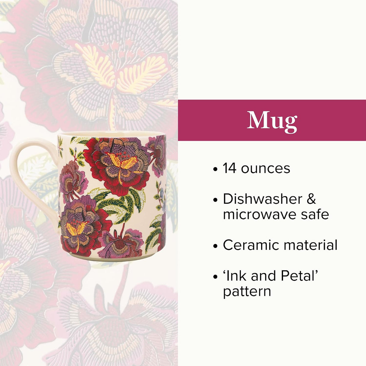 Vera Bradley Ceramic Mug, 14 oz, Ink and Petal