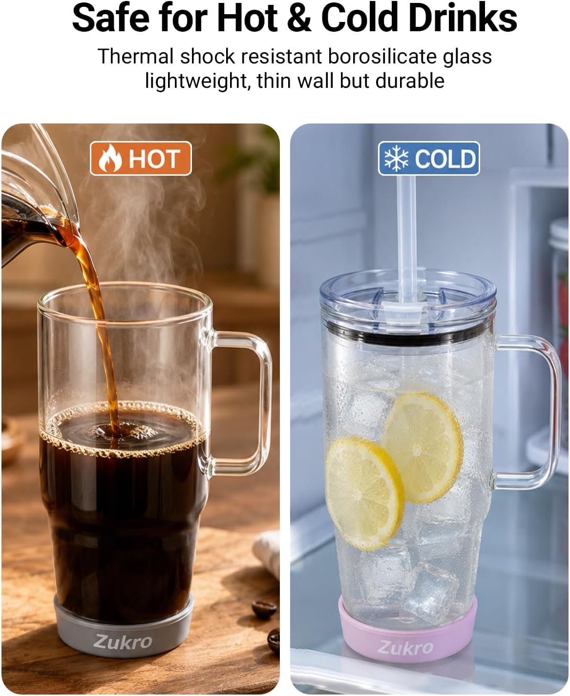 Zukro 32 oz Glass Water Tumbler with Handle & Straw, 2-in-1 Leak Proof Lid