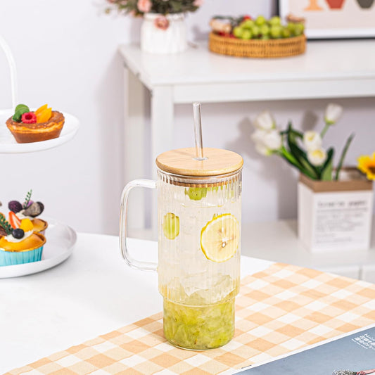 32oz Ribbed Glass Cup with Handle Bamboo Lid and Straw, Glass Tumbler, Iced Coffee Cups Hot/Cold Drinks
