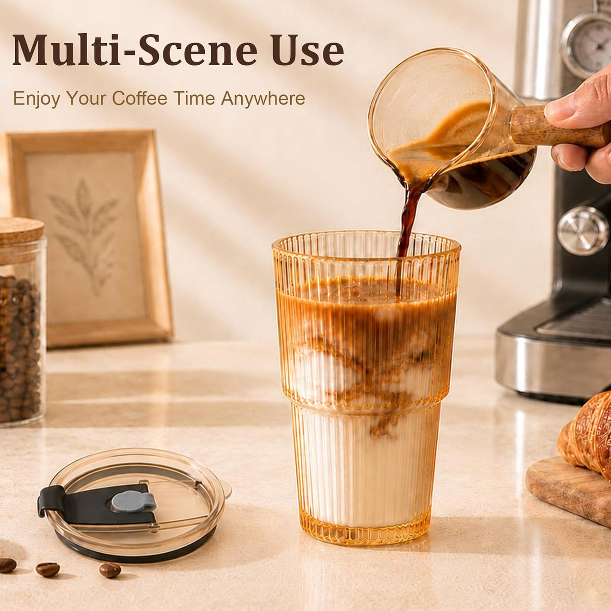 20oz Iced Coffee Cup, Ribbed Glass Tumbler with Straw and Lid