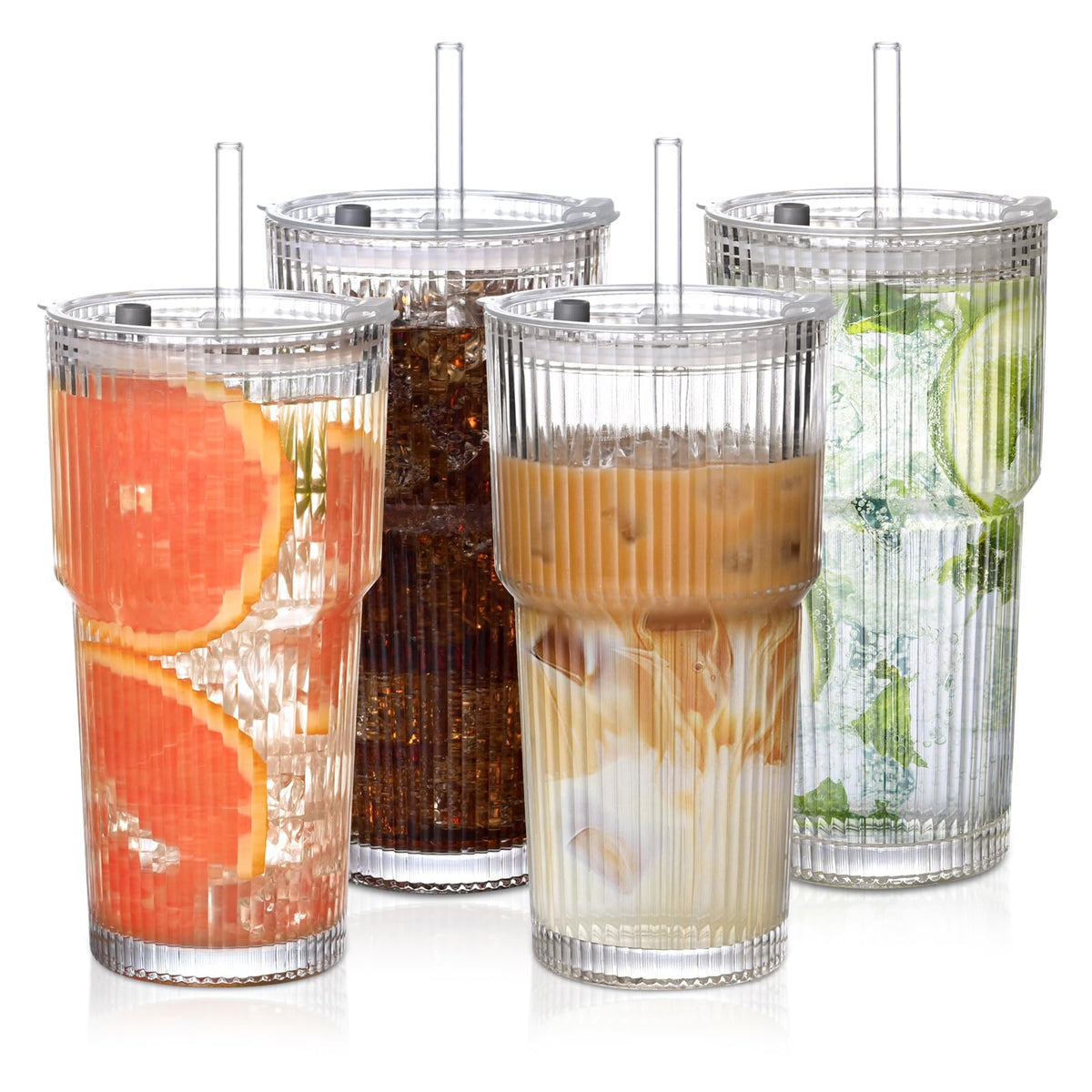 20oz Ribbed Glass Cups with Lids and Straws,1PCS Glass Tumbler with Straw and Lid,Iced Coffee Cups Drinking Glasses for Juice Whiskey Cocktail Beer