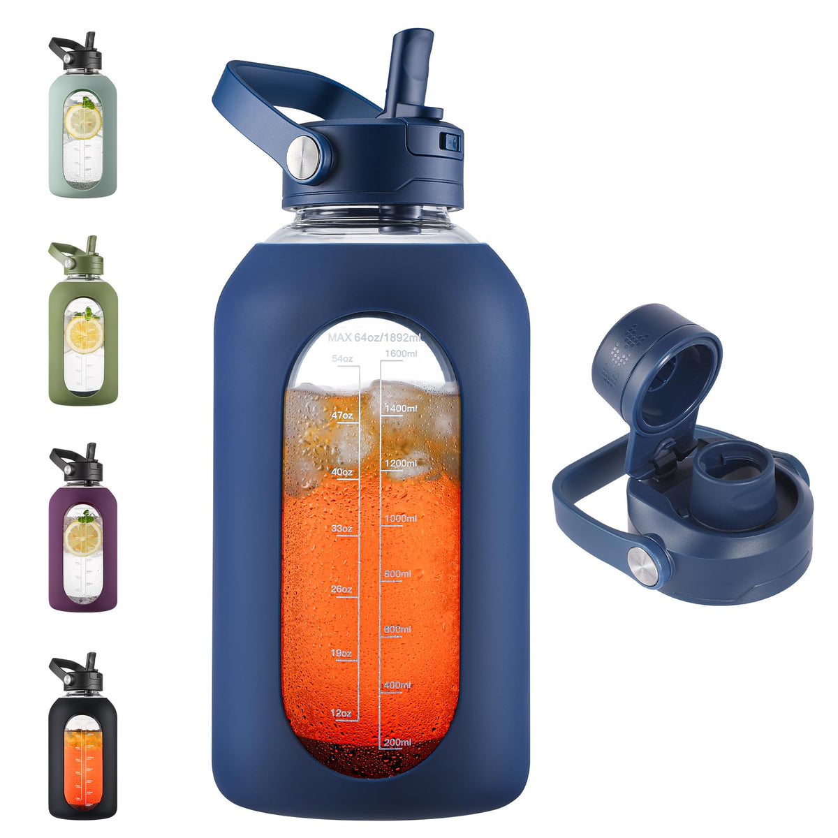 CIVAGO 64 oz Glass Water Bottle Jug with Detachable Straw and Time Maker