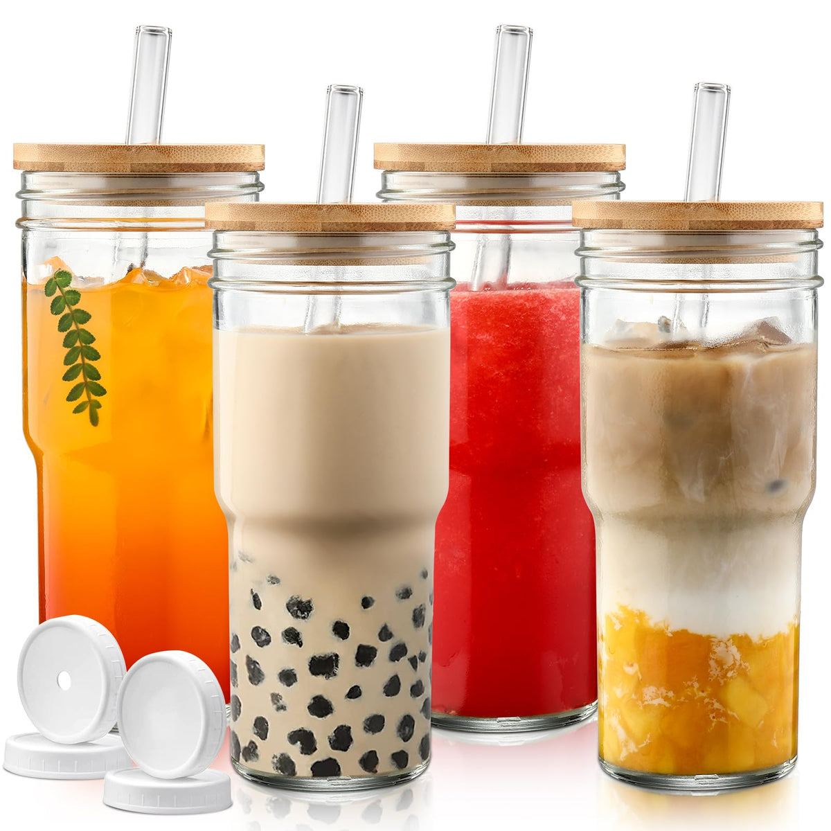 Iced Coffee Cups with Lids,Glass Cups with Lids and Straws,4 Coffee Tumbler
