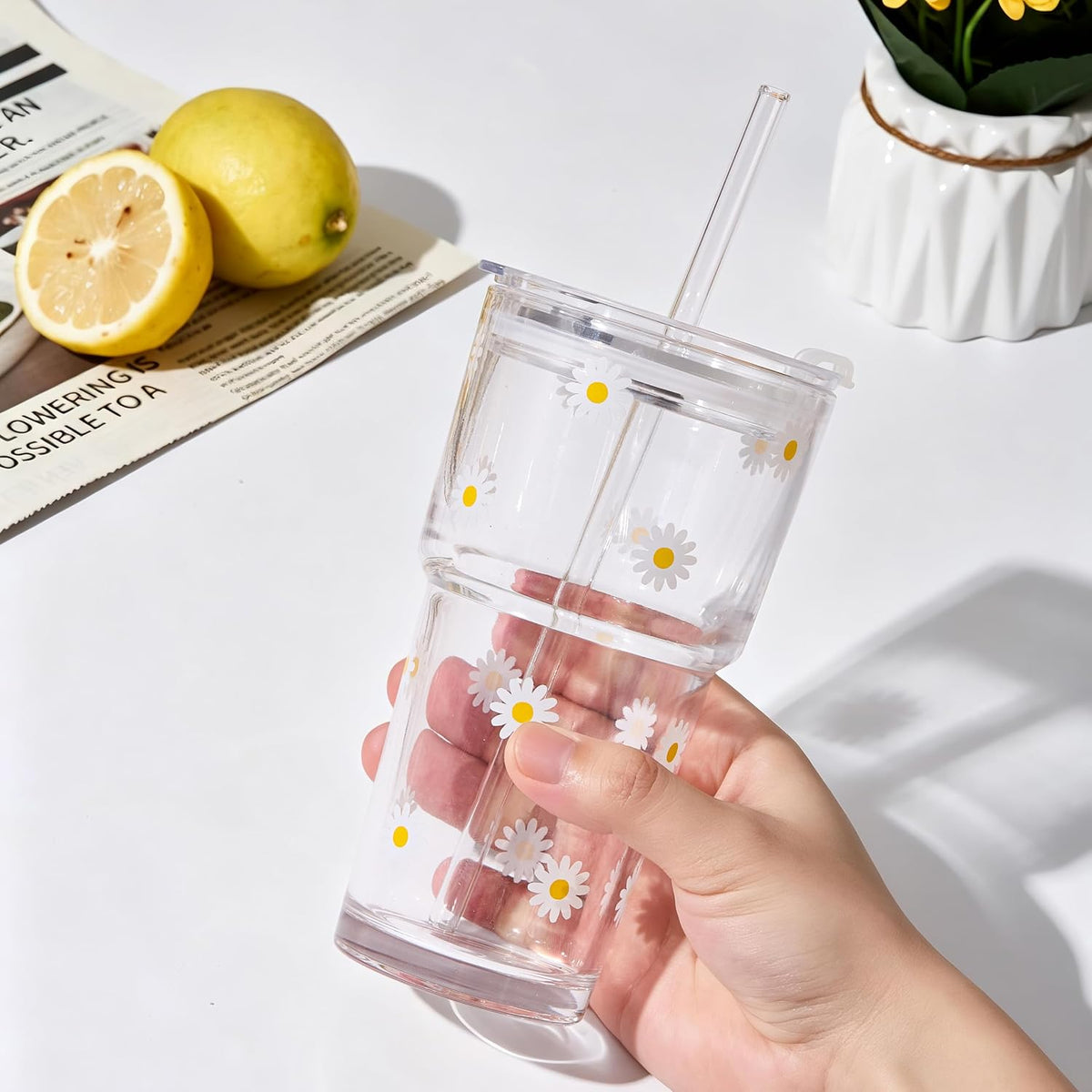 Cute Glass Cups with Lid and Straws, 20oz, Reusable Iced Coffee Cup Tumbler