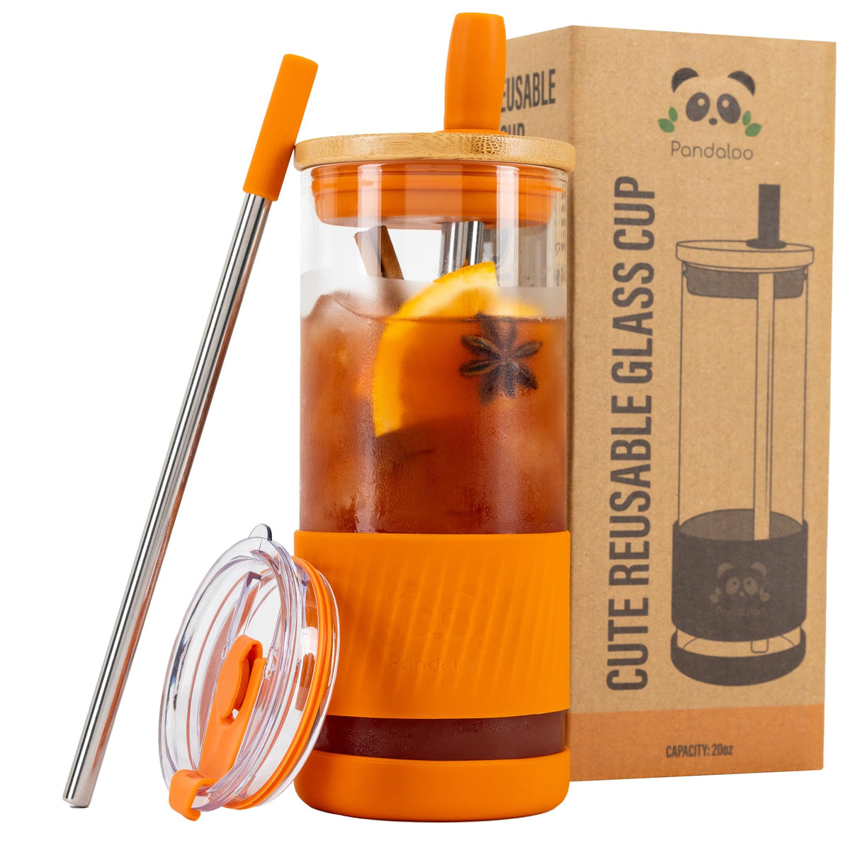 Pandaloo® Glass Cups With Lids and Straws -20 Fl Oz- Perfect Size Iced Coffee Cup - Smoothie Cup With Bamboo Lid and On the go Lid (Creamy Mushroom, 1 Count (Pack of 1)