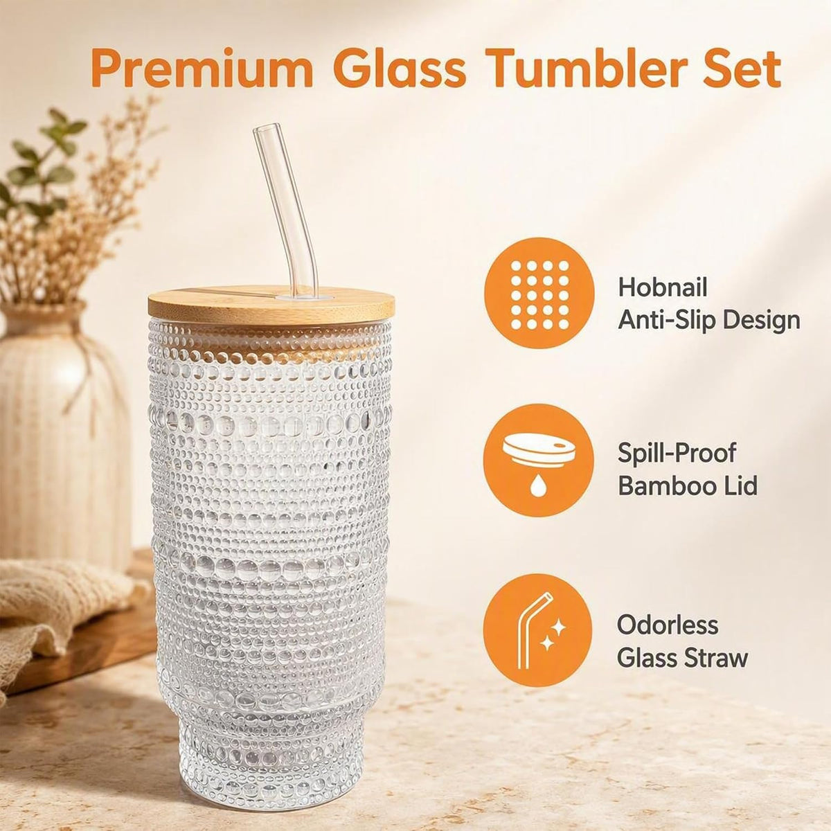 Hobnail Glass Cups with Lids and Straws 16 oz Drinking Glasses