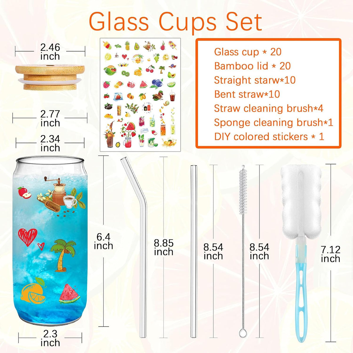 PeacePeo 16 OZ Glass Cups with Lids and Straws 20 Pack